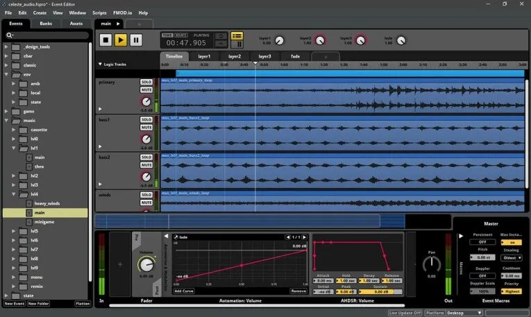 FMOD Studio interface with event tracks, the sound design browser and the volume and automation panel