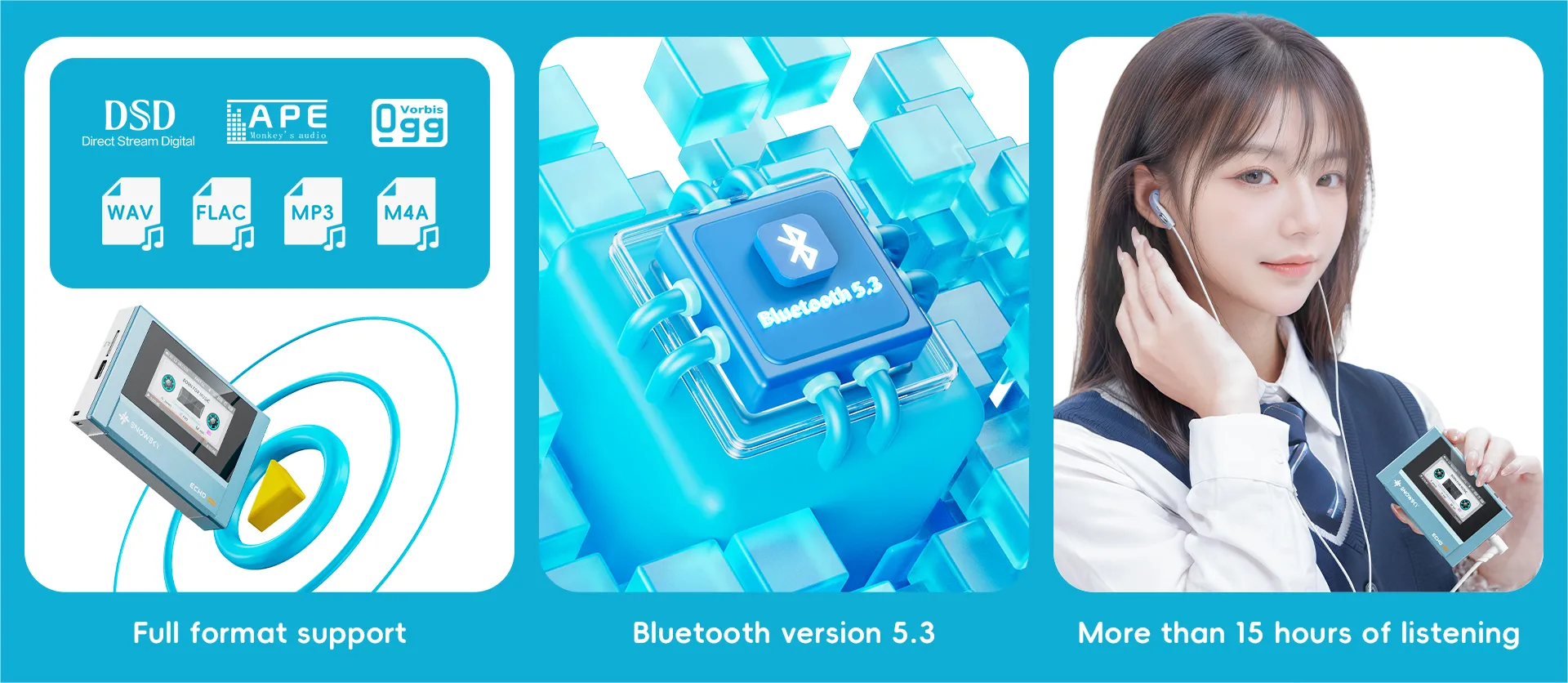 Compatibilidad de formatos, Bluetooth 5.3 y hasta 15 horas de batería