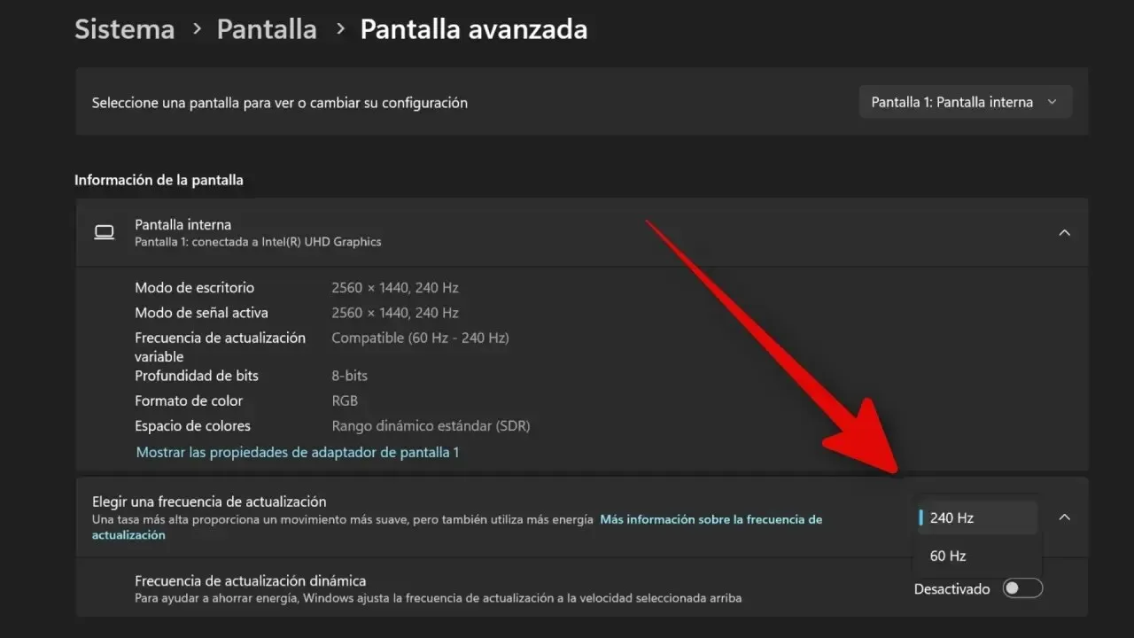 Captura de Pantalla avanzada en Windows 11 con el menú Elegir una frecuencia de actualización abierto entre 240 Hz y 60 Hz