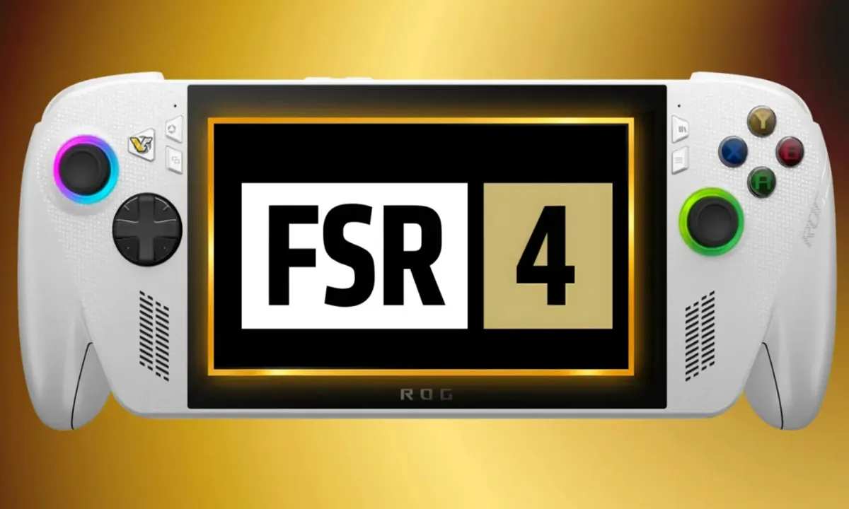 Consola portátil ROG de ASUS mostrando el logotipo de FSR 4 en pantalla