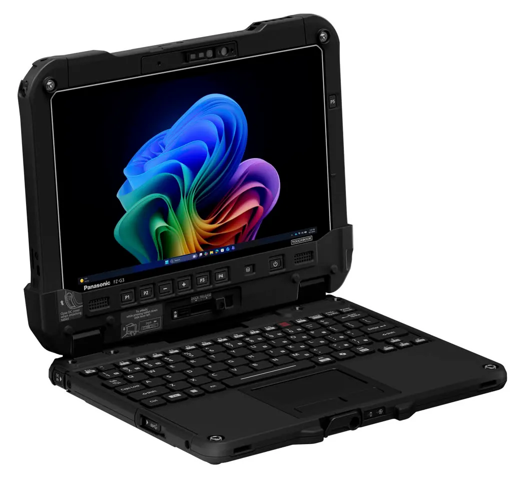 Toughbook G3 abierto en tres cuartos, con teclado retroiluminado y pantalla de 10,1 pulgadas