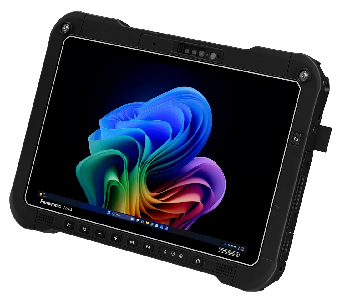 Toughbook G3 en modo tableta, con la pantalla girada y los botones de función laterales