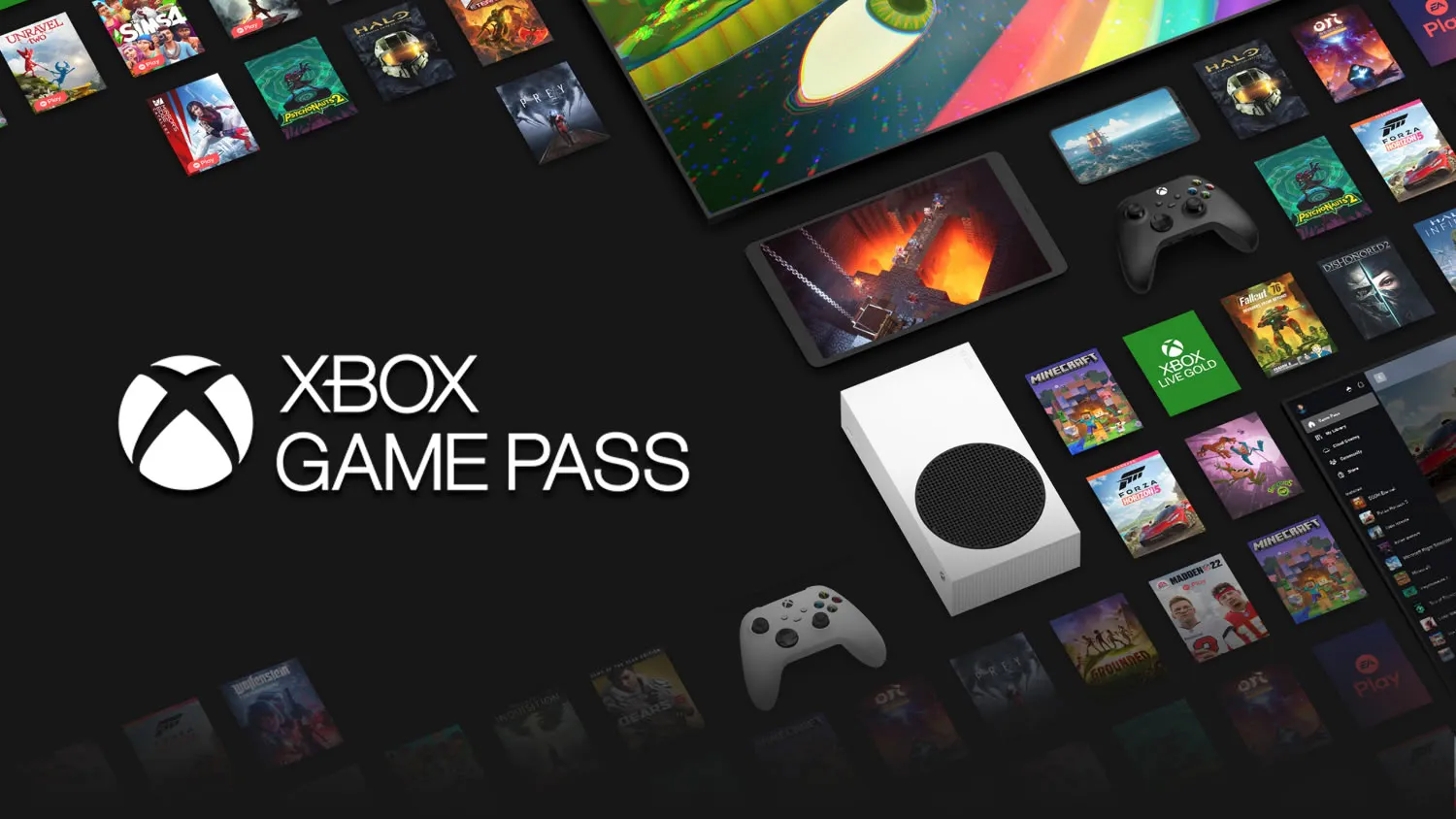Collage promocional de Xbox Game Pass con la consola Xbox Series S, mandos y carátulas de juegos