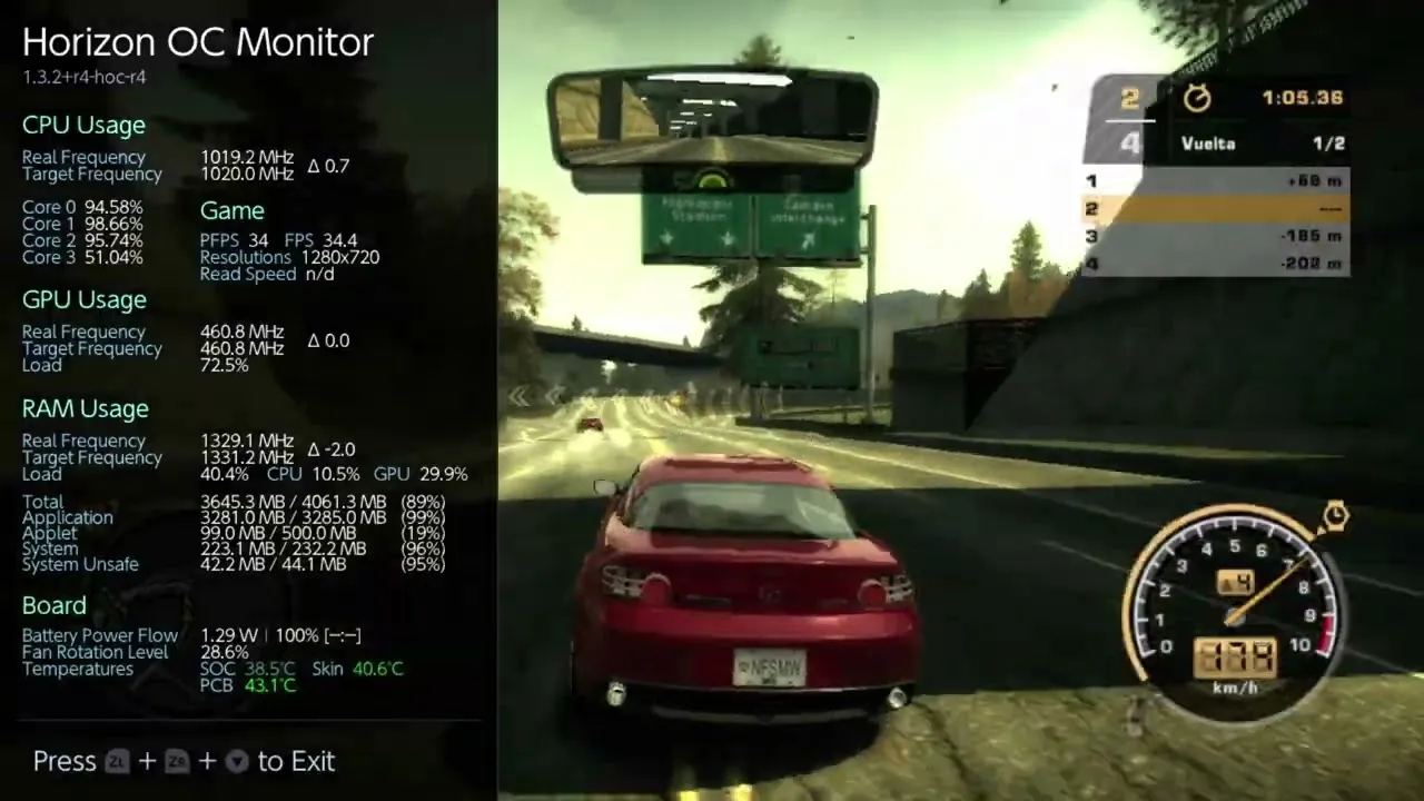 Captura de una carrera en el port de Need for Speed: Most Wanted (2005) para Nintendo Switch con el monitor de rendimiento activado