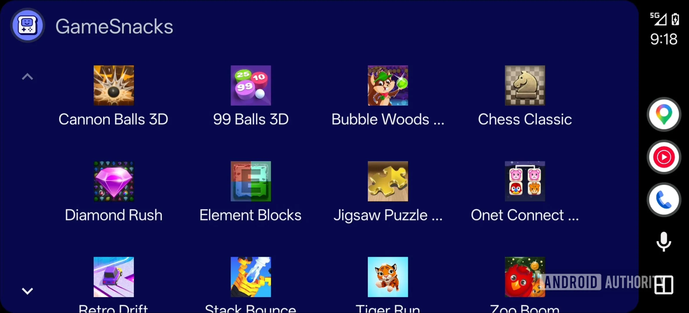 Interfaz actual de GameSnacks en Android Auto, con la barra de navegación aún visible en el lateral