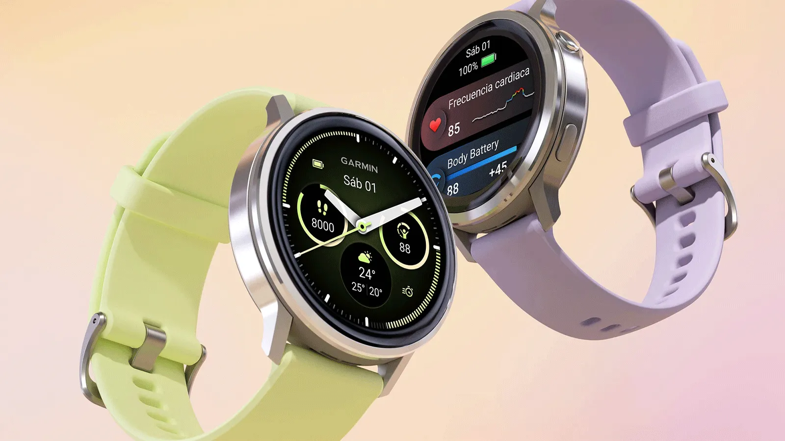 Dos Garmin Venu 4 con correas lima y lavanda mostrando distintas esferas