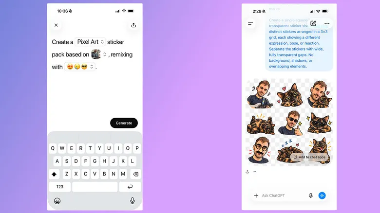 Dos capturas que muestran cómo generar stickers con ChatGPT para iMessage y WhatsApp