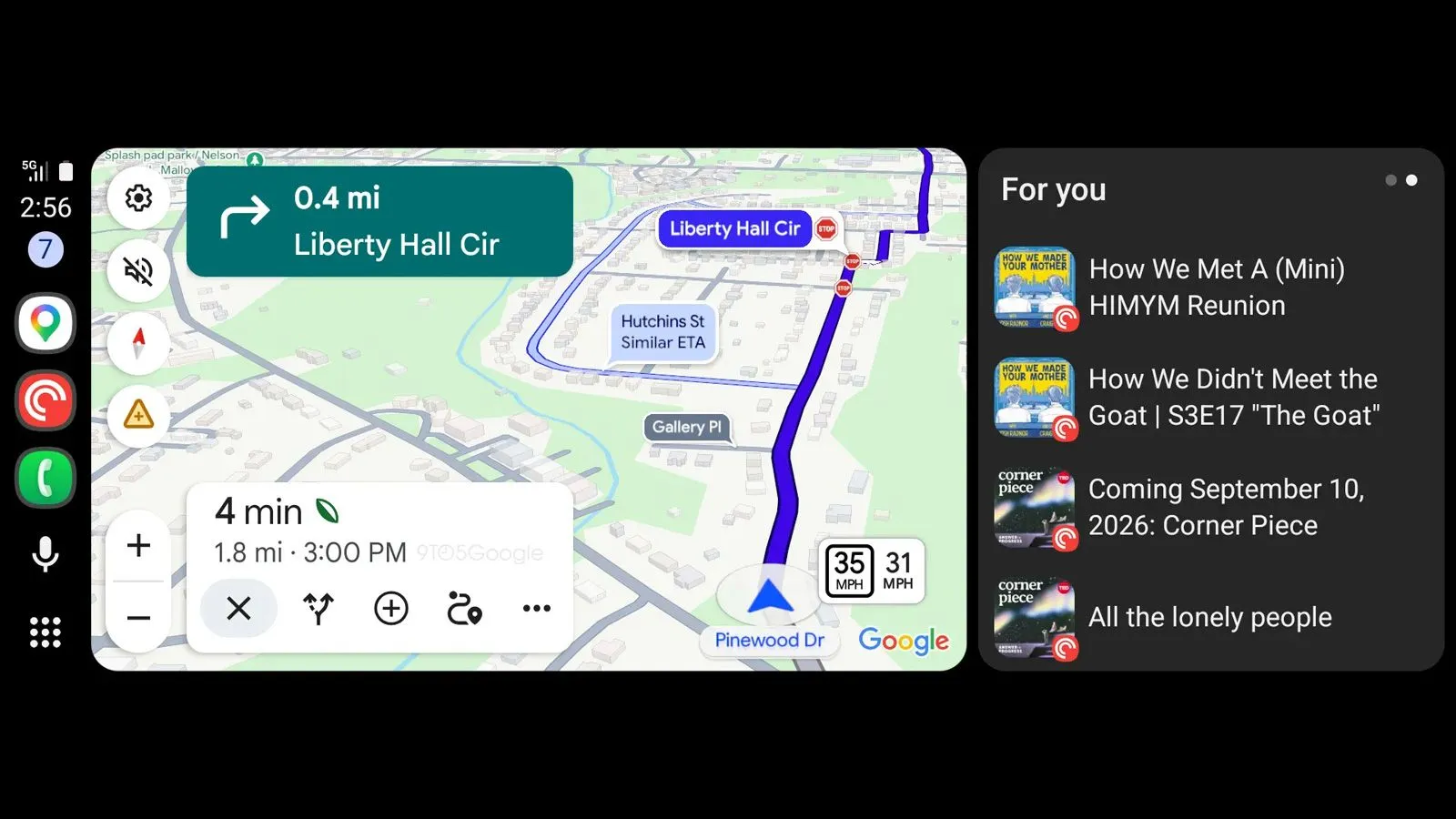 Interfaz de Google Maps en Android Auto y Google Maps mostrando un giro tras una señal de stop