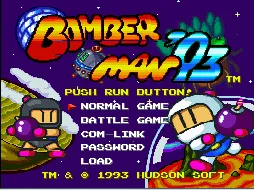 Pantalla de título de Bomberman ’93 con líneas de glitch en el modo de escalado, reportadas por los probadores del foro