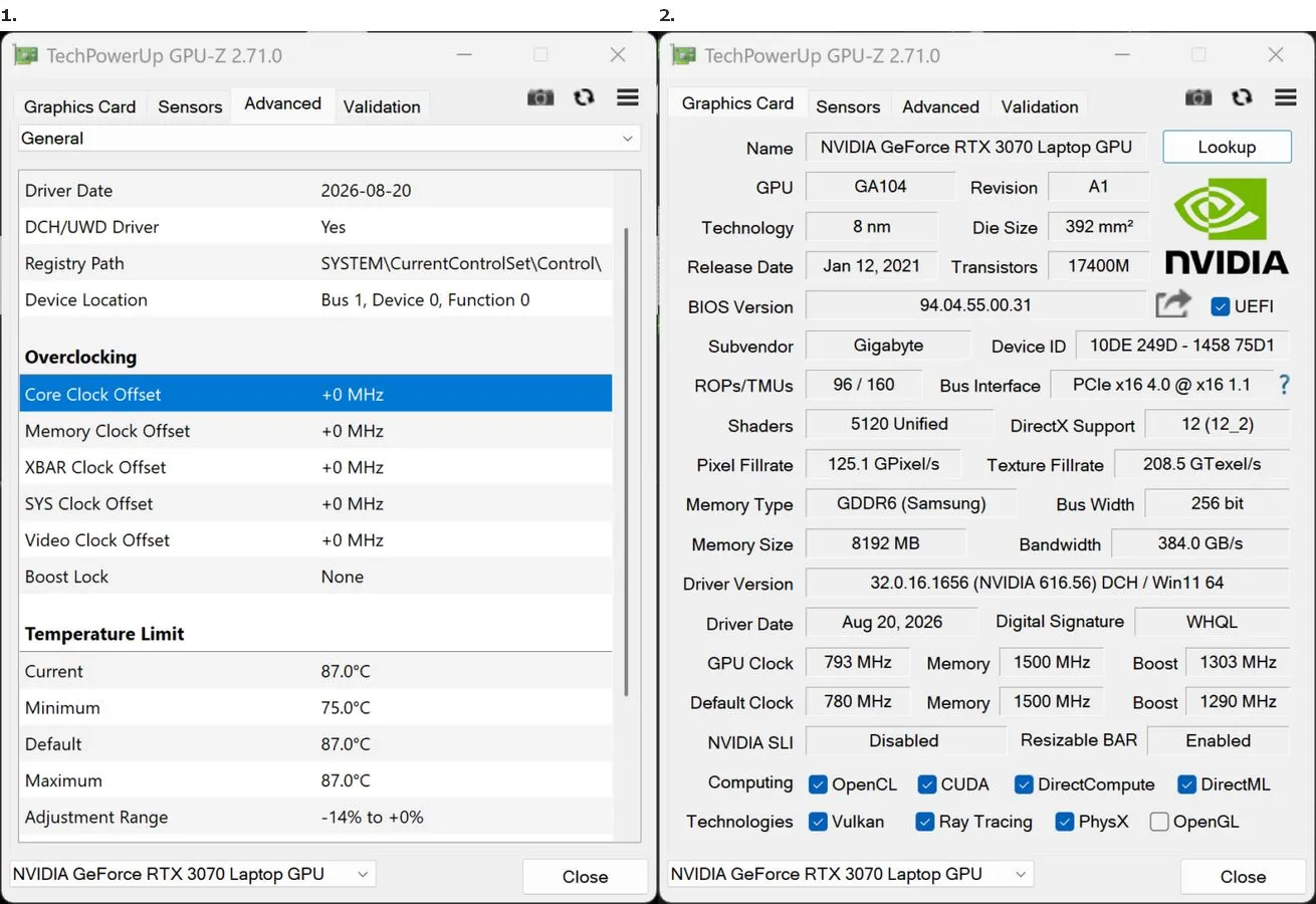 Dos ventanas de GPU-Z 2.71.0: la pestaña Advanced con los ajustes de overclocking y el límite de temperatura, junto a la ficha técnica de una tarjeta gráfica