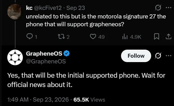 Respuesta oficial de GrapheneOS confirmando la compatibilidad con el Motorola Signature 27