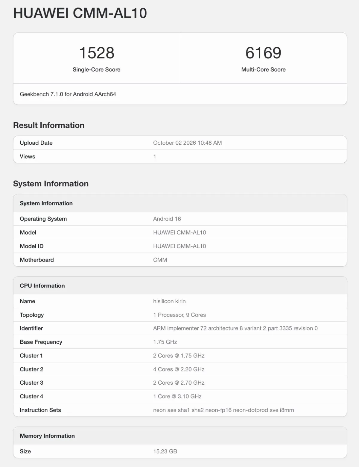 Detail of a Geekbench 7 result for the Huawei CMM-AL10 with 1,528 single-core points and 6,169 multi-core points