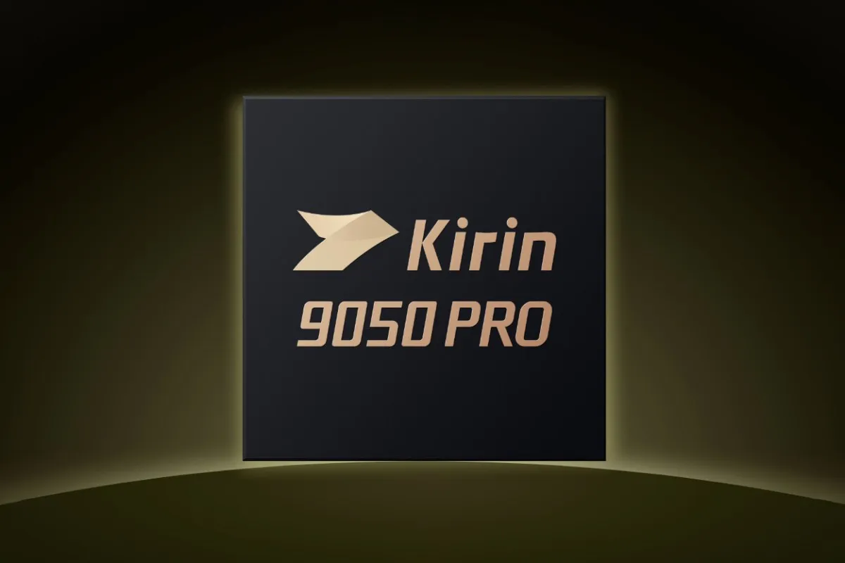 Render of Huawei Kirin 9050 Pro processor on a dark background lit in green