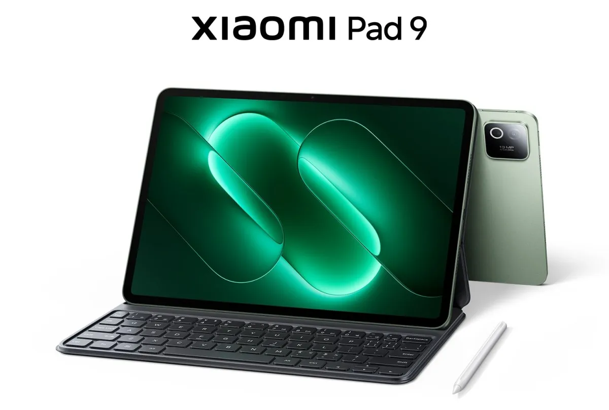 Render del Xiaomi Pad 9 con teclado, lápiz óptico y su cámara trasera de 13 MP