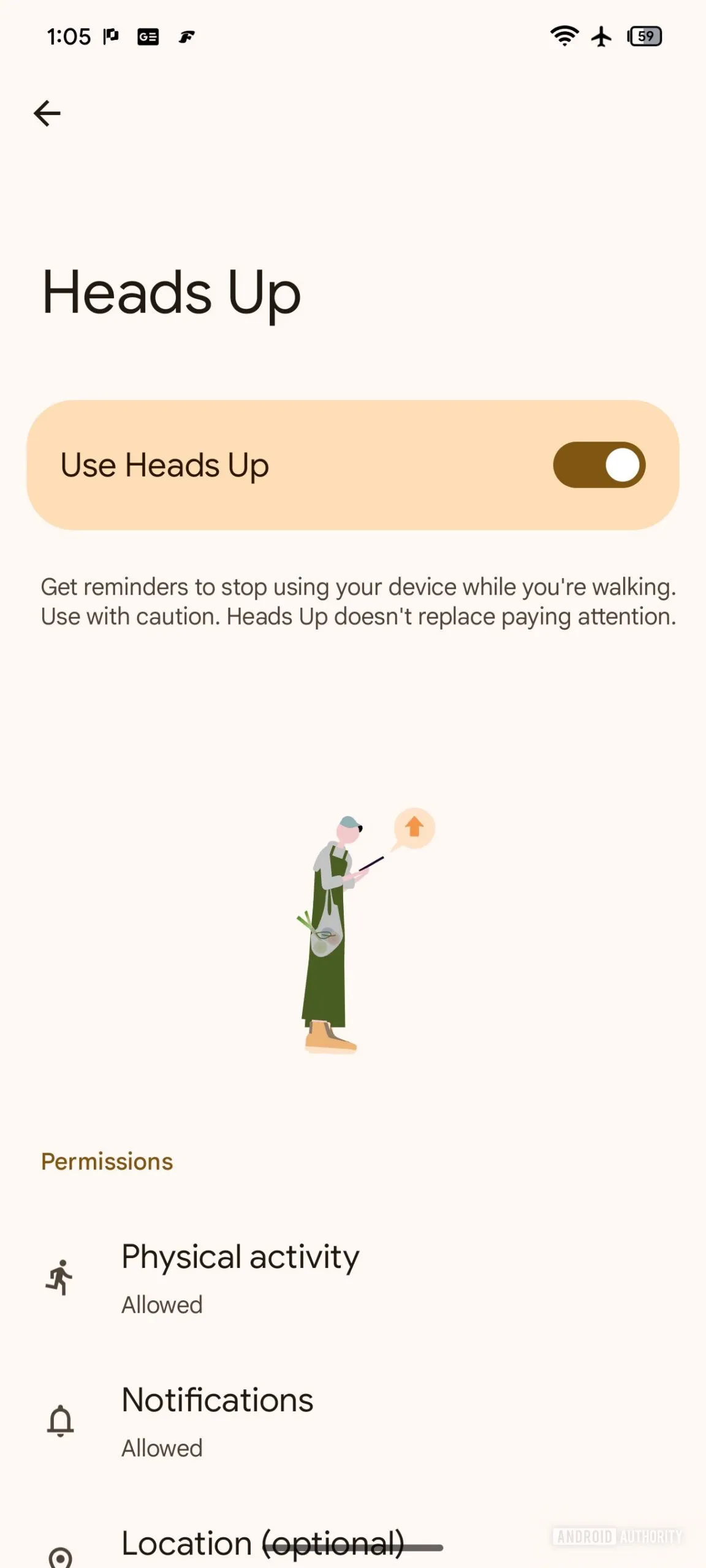 Pantalla de ajustes de Heads Up con el interruptor de activación y los permisos de actividad física, notificaciones y ubicación