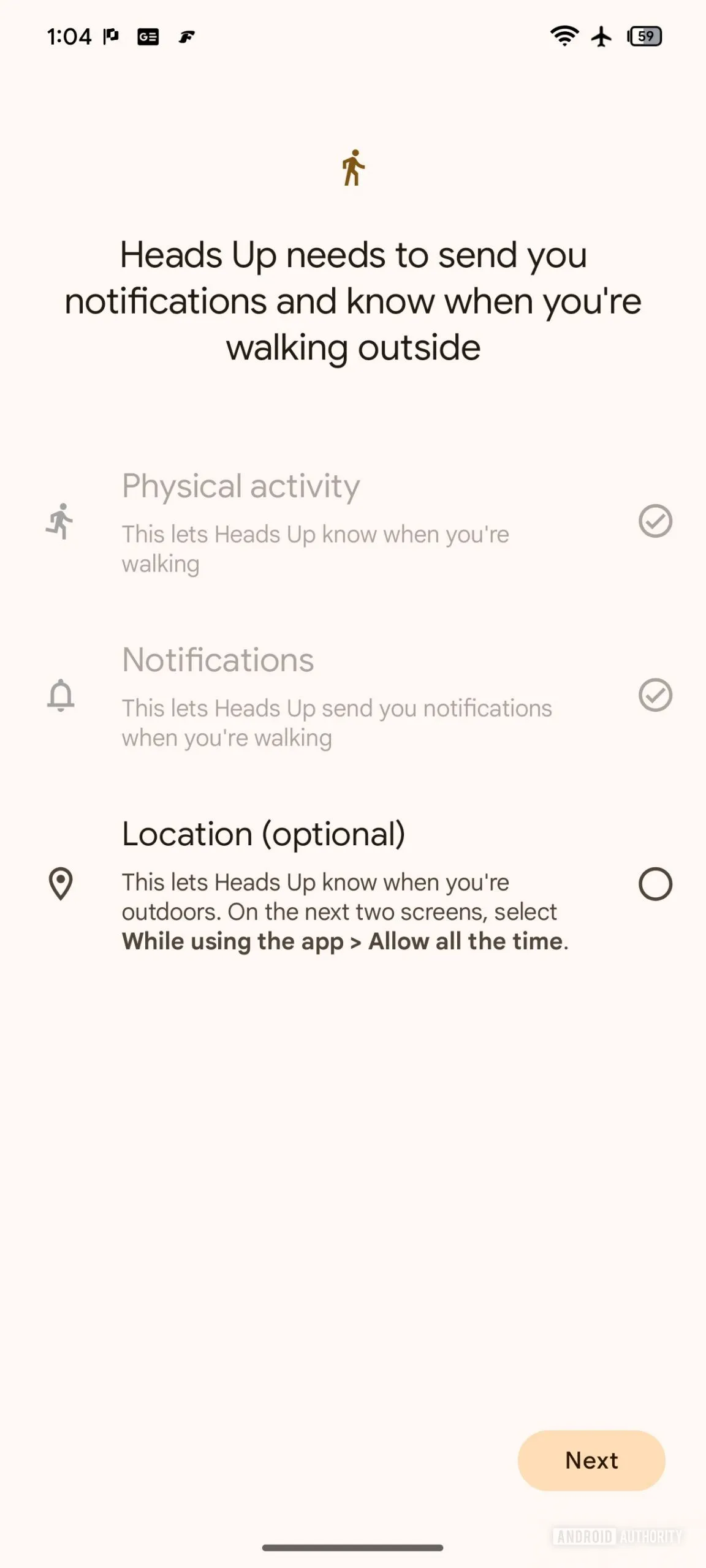 Pantalla de permisos de Heads Up para actividad física, notificaciones y ubicación opcional