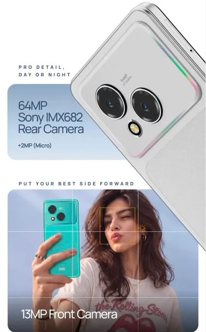 Detalle de la cámara principal Sony IMX682 y de la cámara frontal del HMD Vibe2 Pro