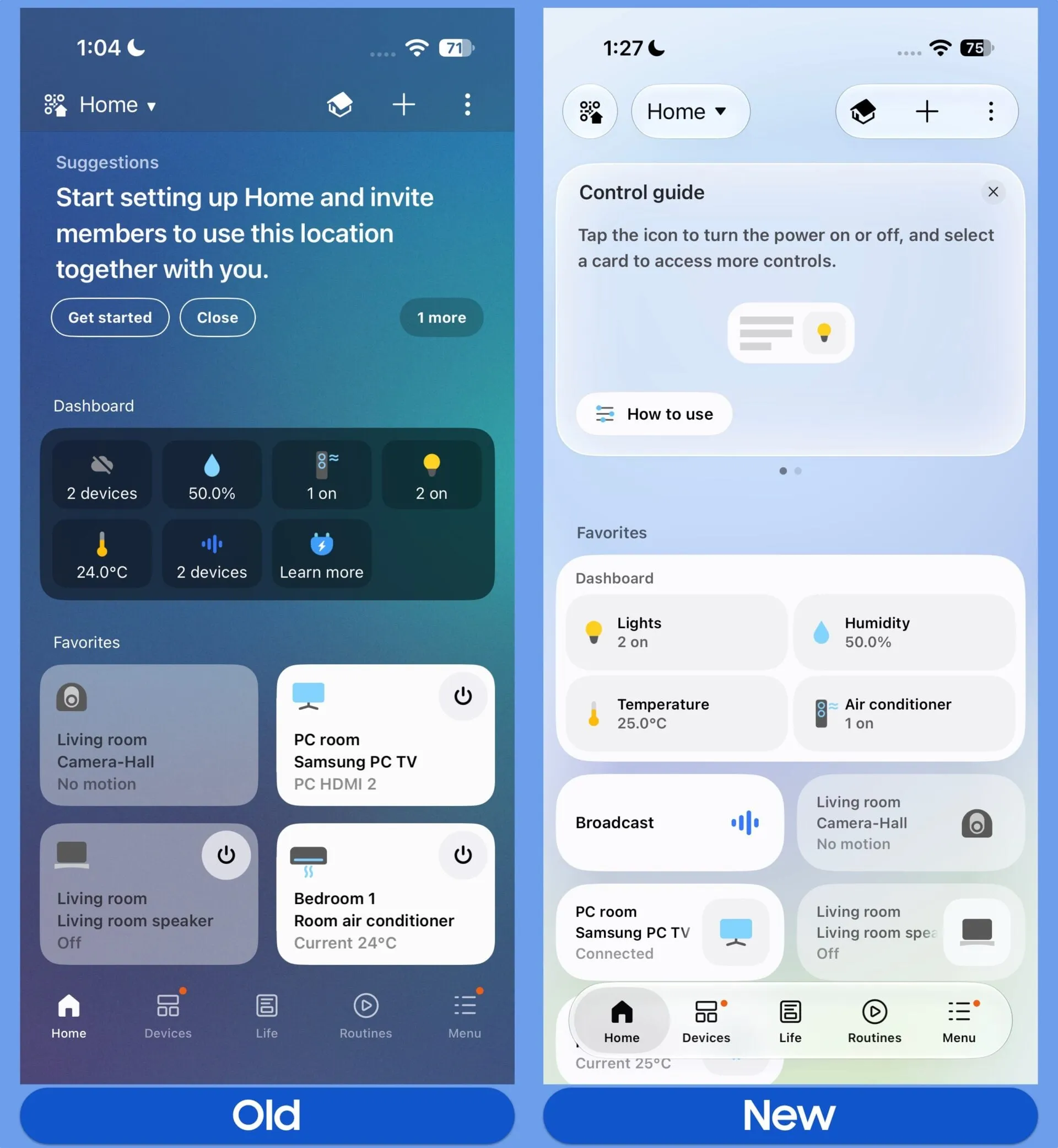 Comparación del diseño antiguo y del nuevo en la pestaña de inicio de SmartThings