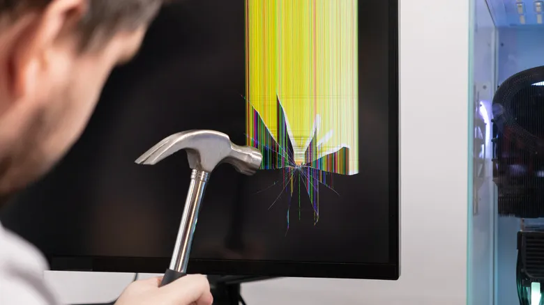 Persona golpeando un monitor roto con un martillo