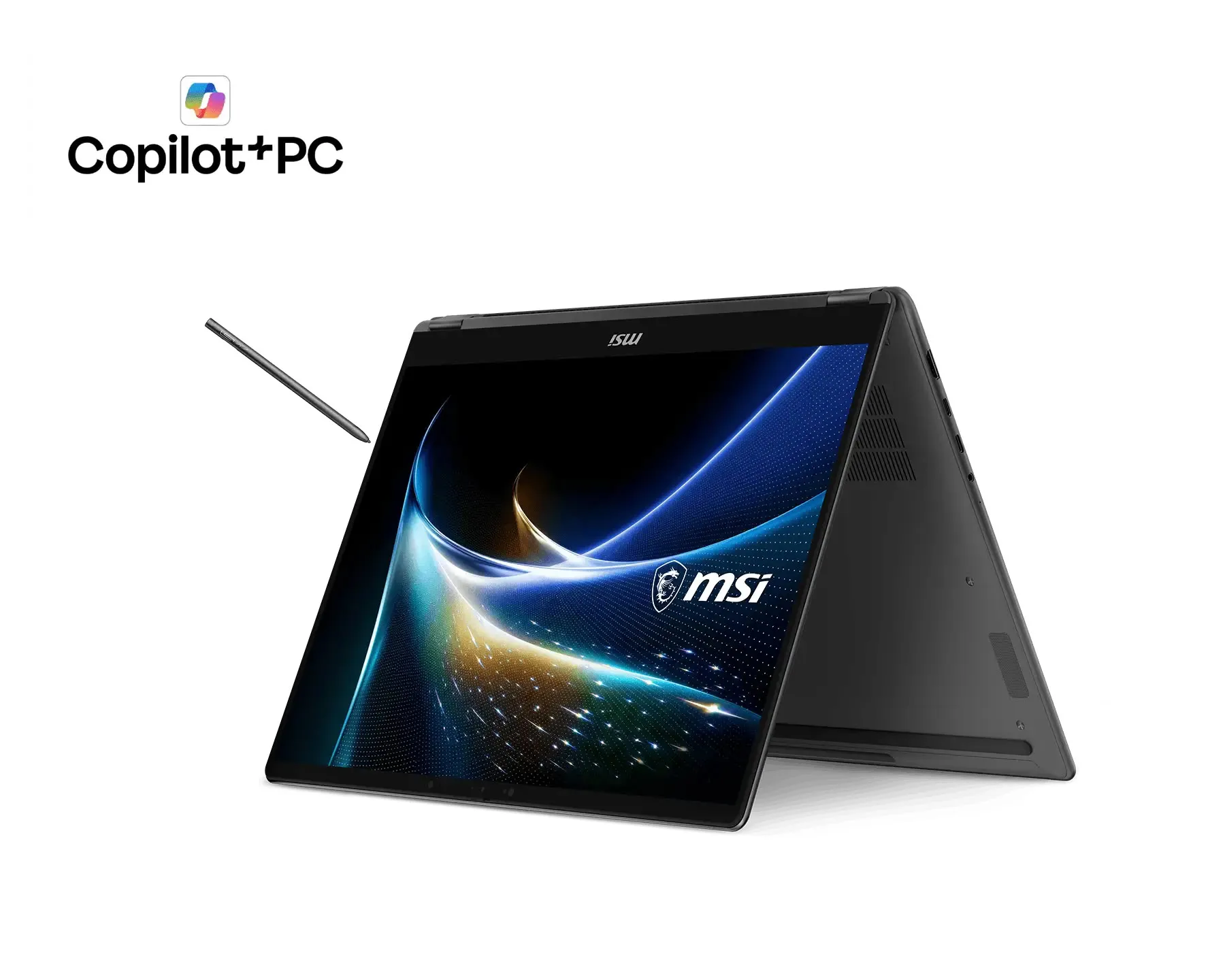 El MSI Prestige N16 Flip AI+ en modo tienda, con el sello Copilot+ PC y el lápiz MSI Nano Pen