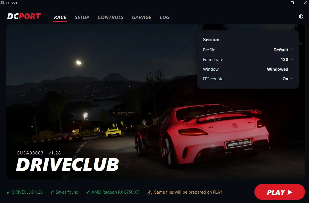 DCport window showing Driveclub details (CUSA00003, v1.28), the session set to 120 FPS and verification of an AMD Radeon RX 6750 XT