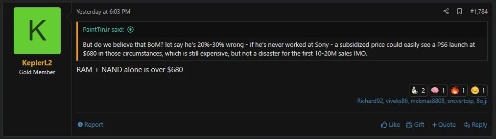 Captura del mensaje de KeplerL2 en NeoGAF donde asegura que la RAM y la NAND de la PS6 superan los 680 dólares
