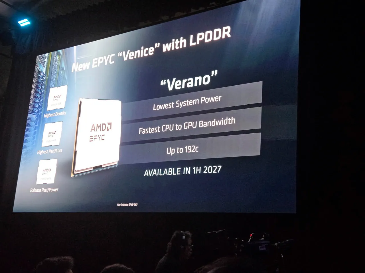 Diapositiva de la keynote que presenta los EPYC Verano con hasta 192 núcleos y disponibilidad prevista para el primer semestre de 2027