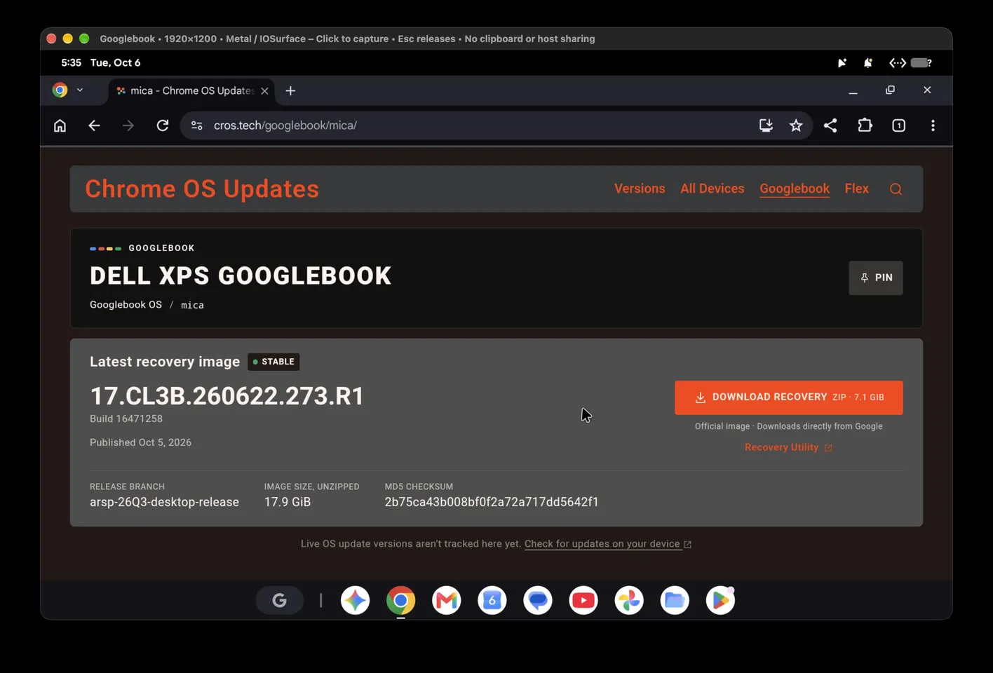 Página de descargas de imágenes de recuperación del Dell XPS Googlebook abierta en Chrome