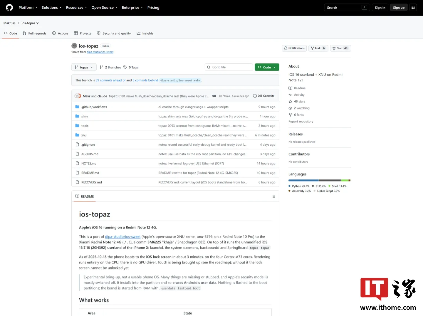 README del repositorio ios-topaz en GitHub, con la descripción del port y la tabla de estado