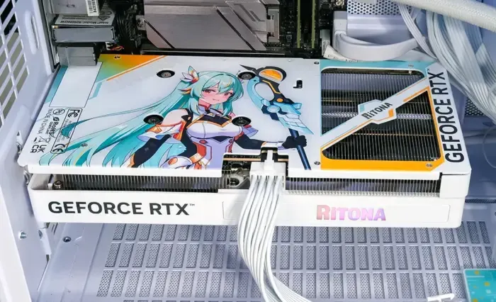 Vista frontal de la RTX 5060 Ti RiTONA con la chapa blanca