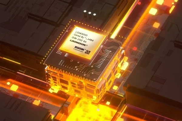 Render de un chip Loongson LS3A5000 con trazas de circuito iluminadas en naranja