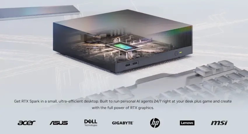 Render promocional del RTX Spark de NVIDIA en formato sobremesa compacto, con el interior a la vista y los logotipos de los fabricantes asociados