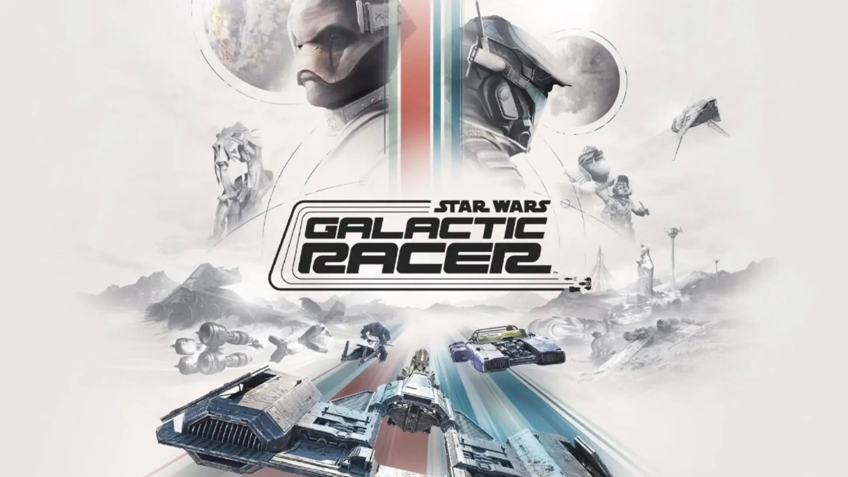 Ilustración de Star Wars: Galactic Racer con naves de carreras y el logotipo del juego
