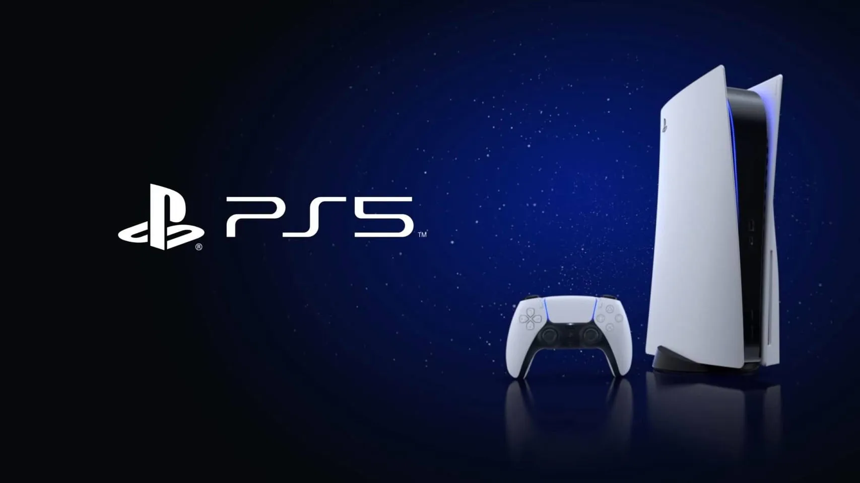 Consola PS5 y mando DualSense sobre un fondo azul estrellado
