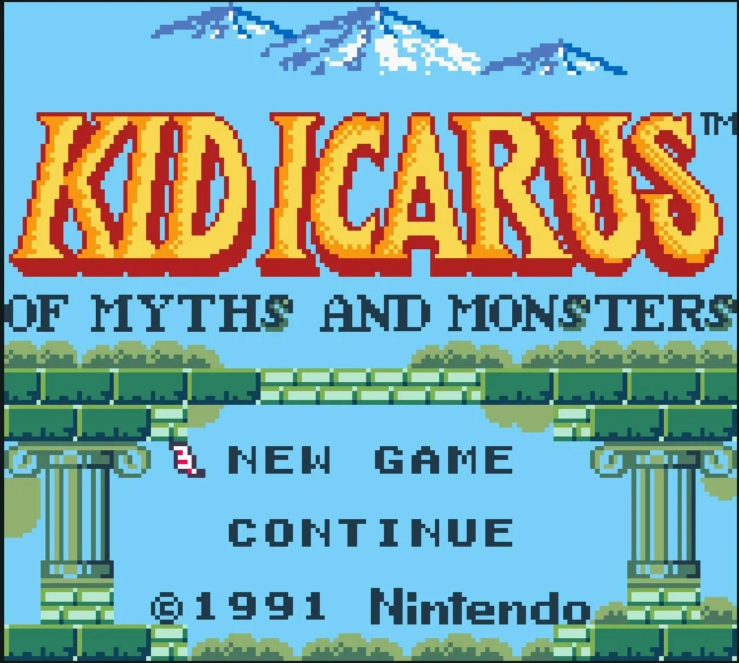 Pantalla de título de Kid Icarus: Of Myths and Monsters con las opciones New Game y Continue en color