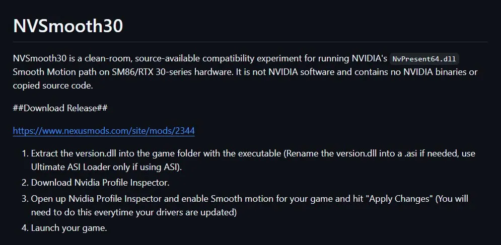 Página del proyecto NVSmooth30 con sus instrucciones de instalación