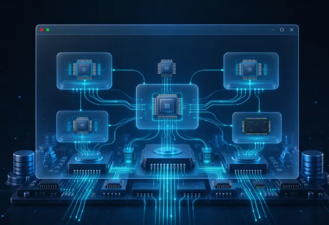 Ilustración de un chip central conectado a varios módulos