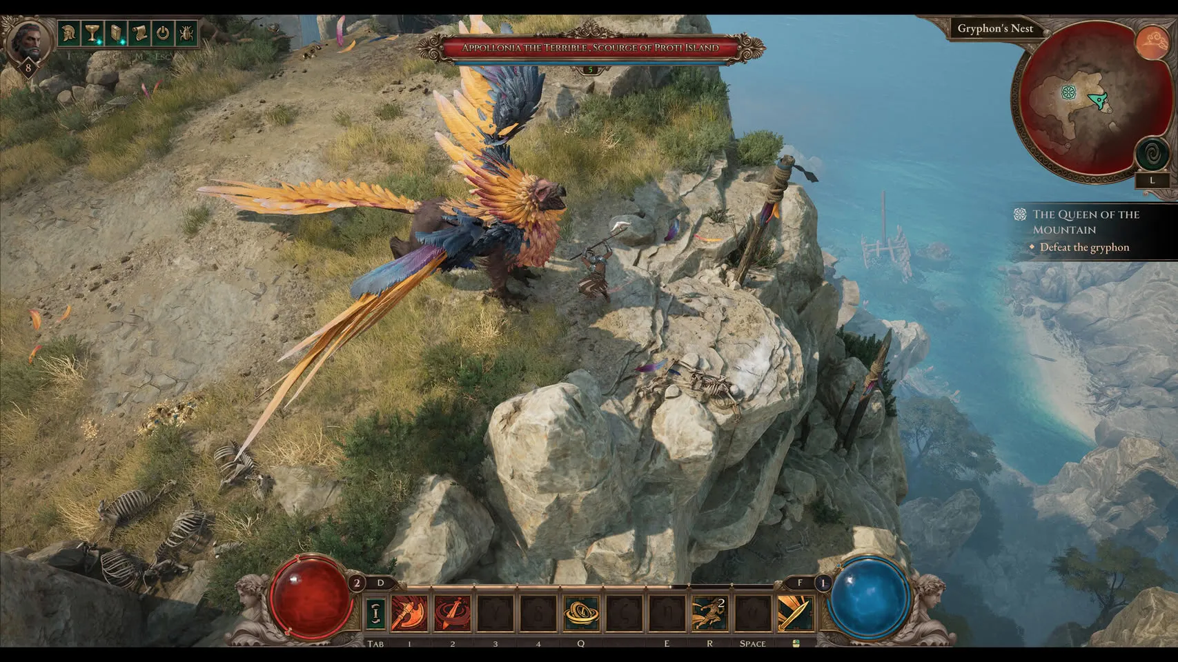 Personaje de Titan Quest II luchando contra un grifo gigante en un acantilado costero