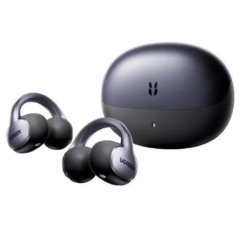 The two ClipBuds Pro 2 earbuds in dark grey in front of their charging case