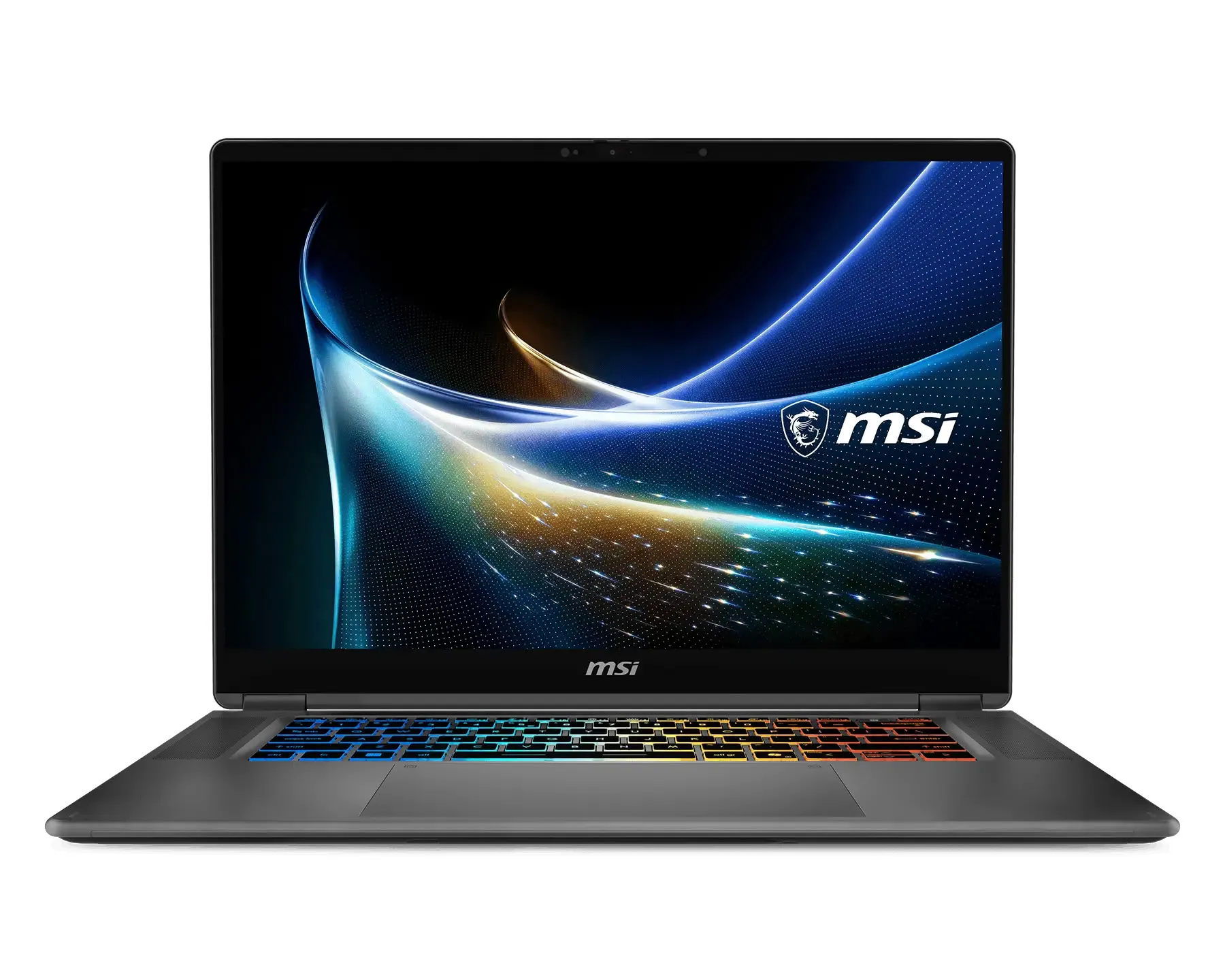 Vista frontal del portátil abierto, con el teclado RGB de cuatro zonas y el logo de MSI