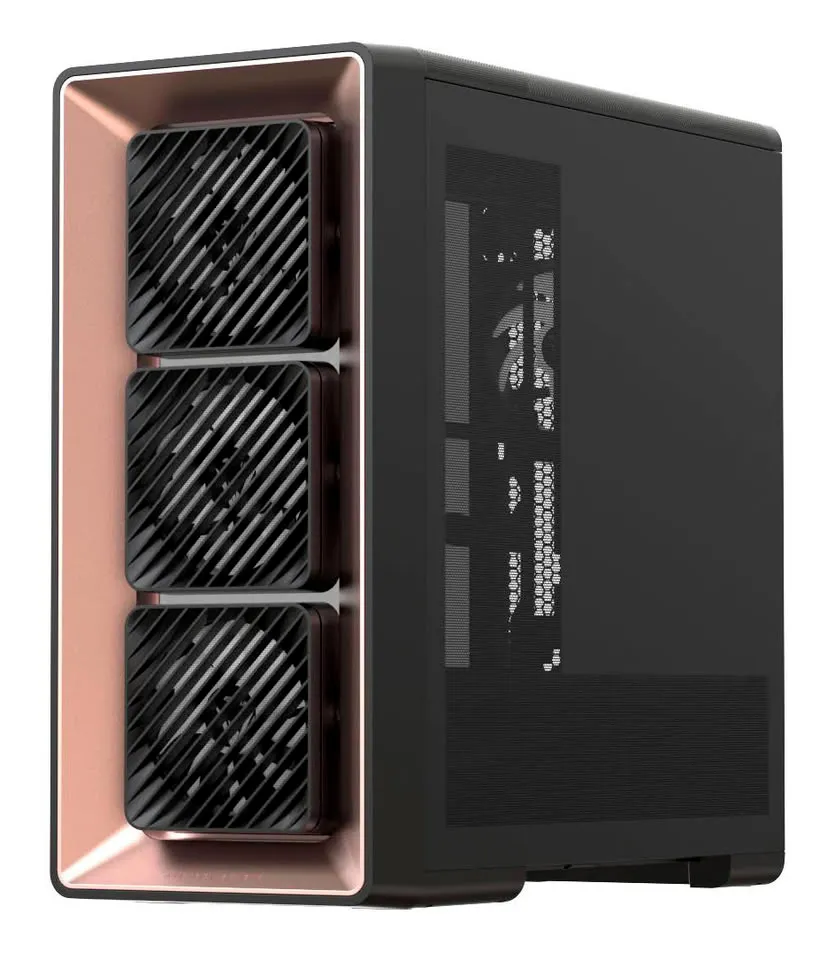 Detalle frontal con los tres ventiladores montados sobre soportes independientes en el marco del acabado Negro Oro Rosa