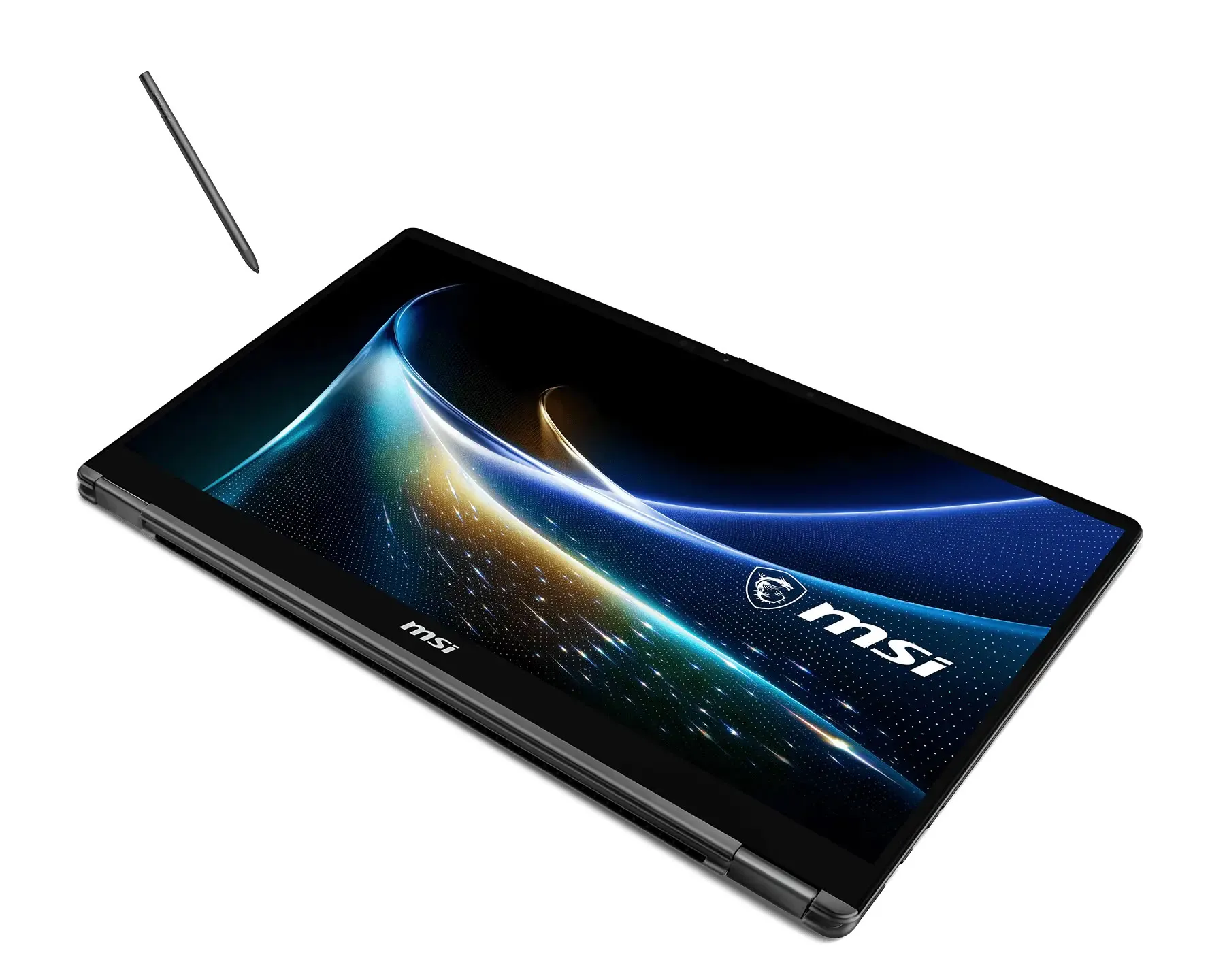 El Prestige N16 Flip AI+ en modo tableta, con el MSI Nano Pen sobre la pantalla OLED