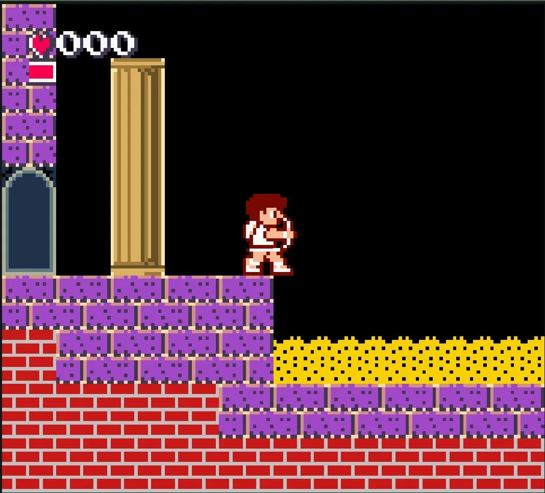 Pit sobre plataformas de ladrillo rojo y violeta en un nivel de Kid Icarus DX