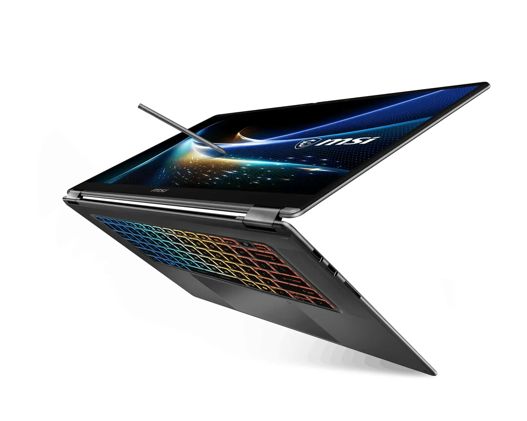 Vista angular del convertible en modo tienda, con la bisagra de 360 grados a la vista