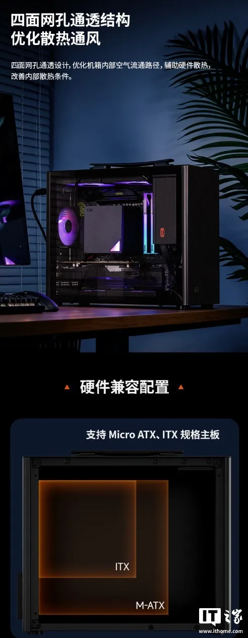 Estructura de malla en las cuatro caras del C3 N300 y esquema de montaje para placas ITX y micro-ATX