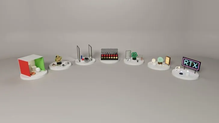 Plataformas de demostración de materiales con un letrero de neón RTX