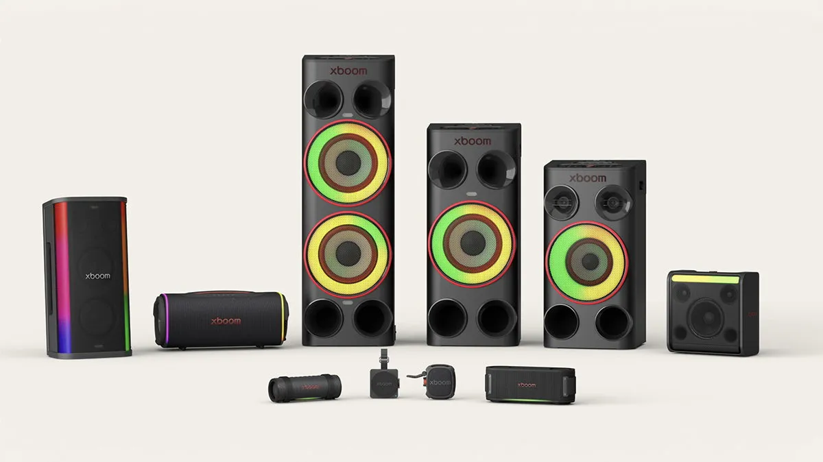 The three LG xboom Power models lined up, from largest to smallest