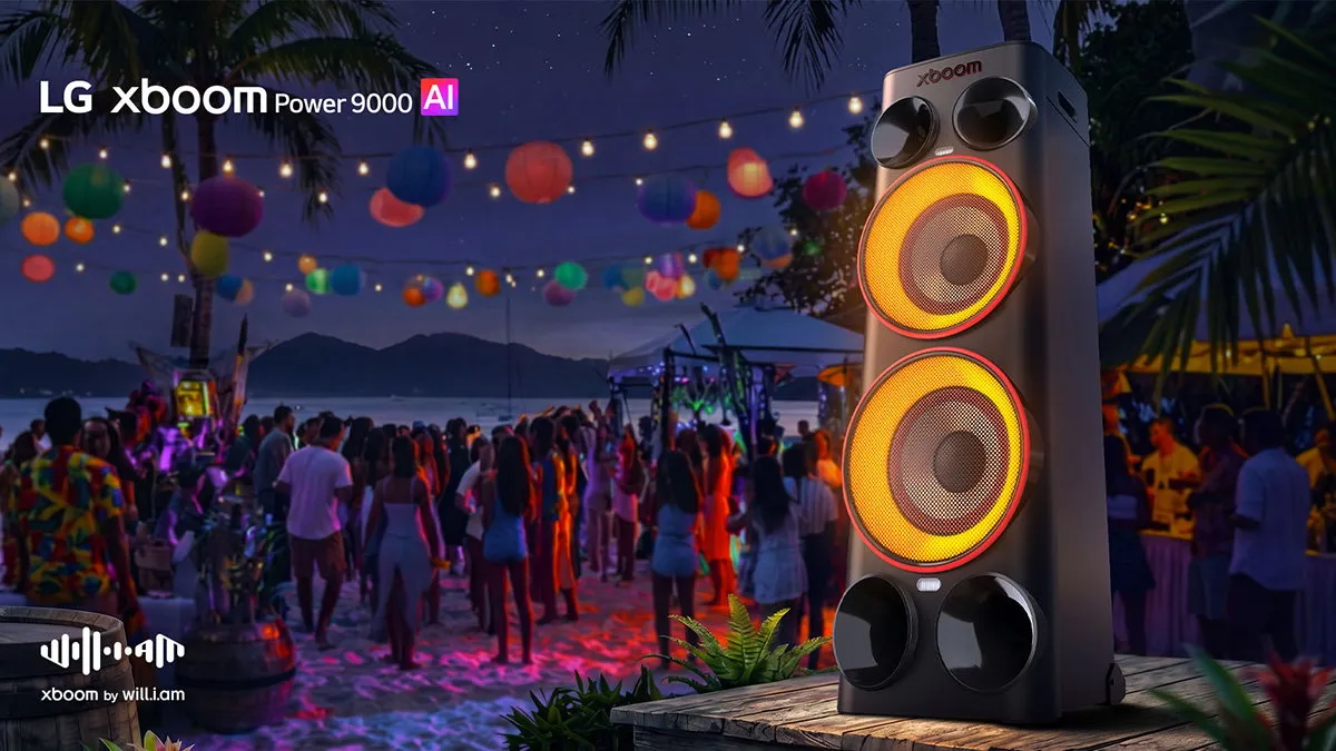 Large-format LG xboom Power speaker in an outdoor setting