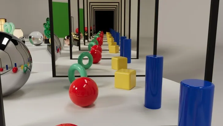 Pasillo de espejos con esferas, anillos y cilindros que crea una repetición infinita