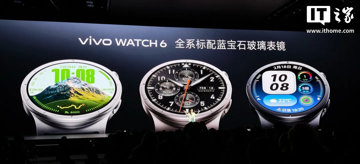Tres vivo WATCH 6 con esferas distintas proyectados en la pantalla del acto de presentación